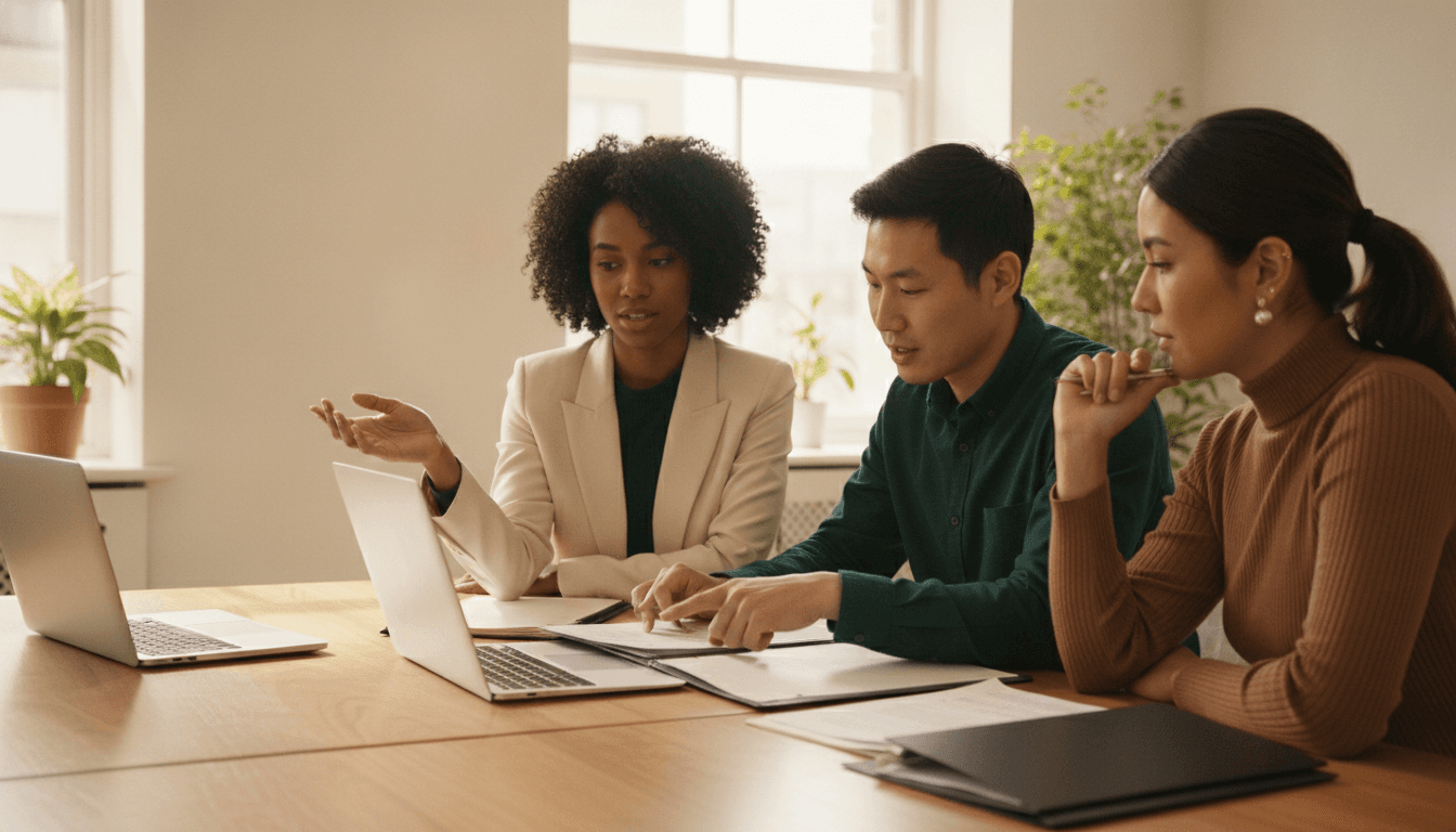 A diverse team of three experienced assistants collaborating around a table in a bright office