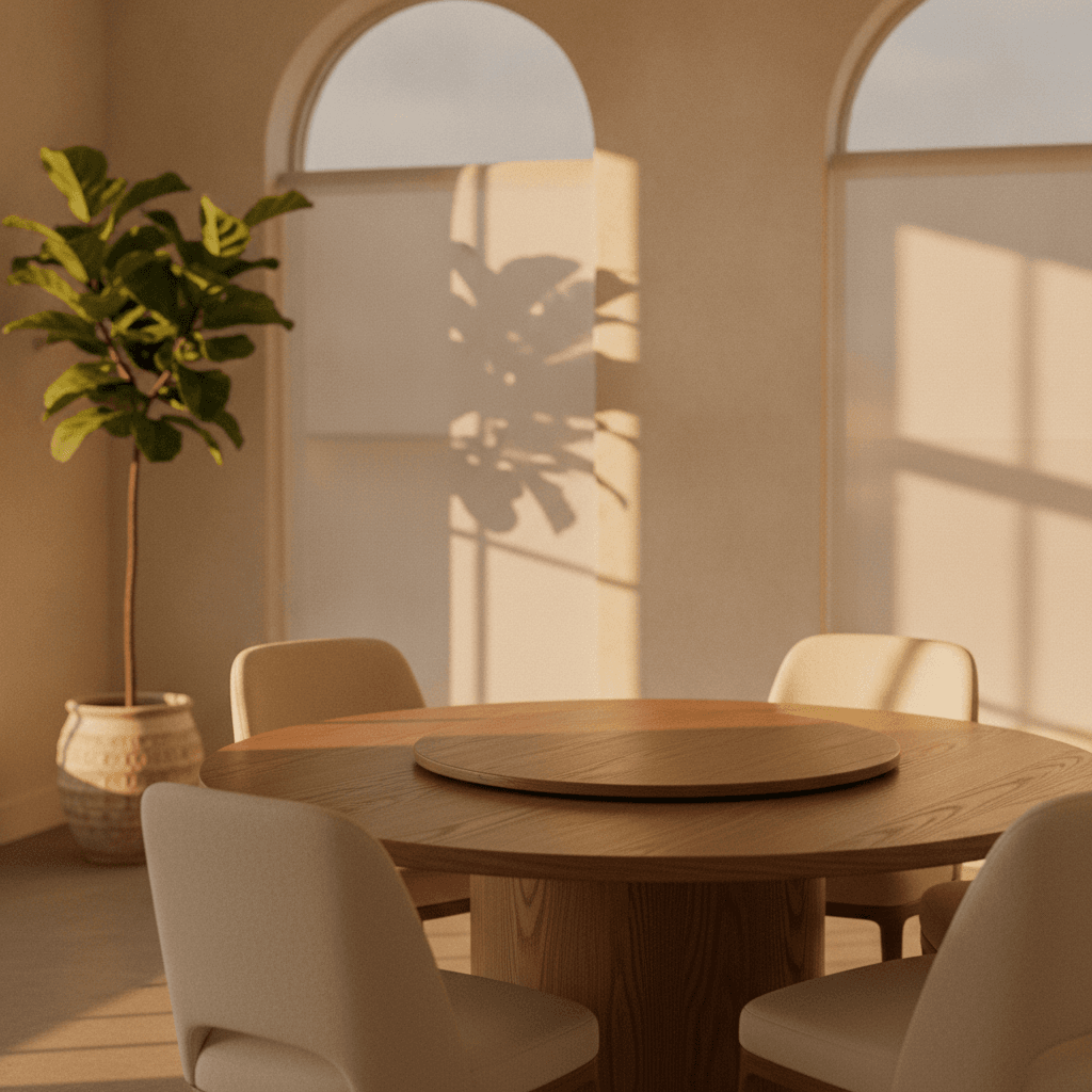 A warmly lit meeting room with a round table and empty chairs, sunlight through tall windows, suggesting a collaborative professional environment.