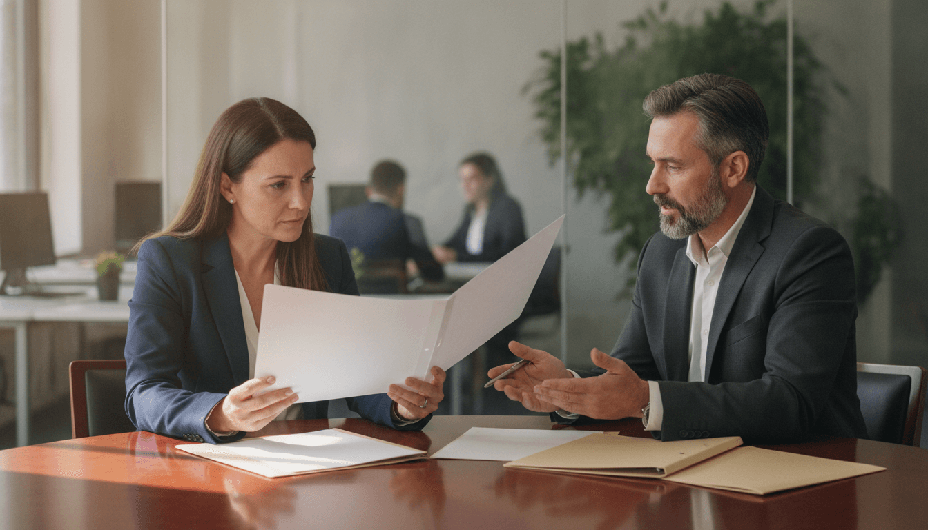 A business owner and advisor comparing options together at a conference table