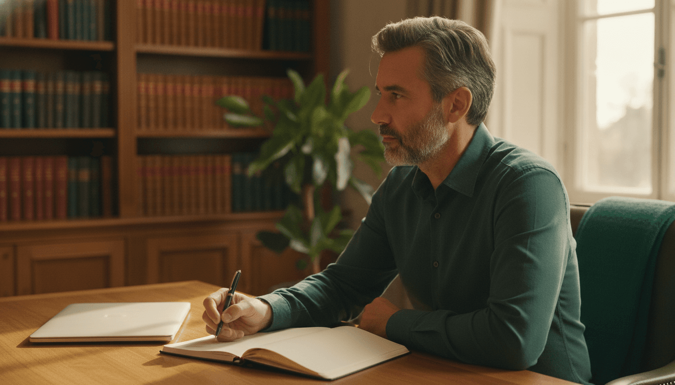 A thoughtful business leader writing in a notebook beside a closed laptop in a warm library