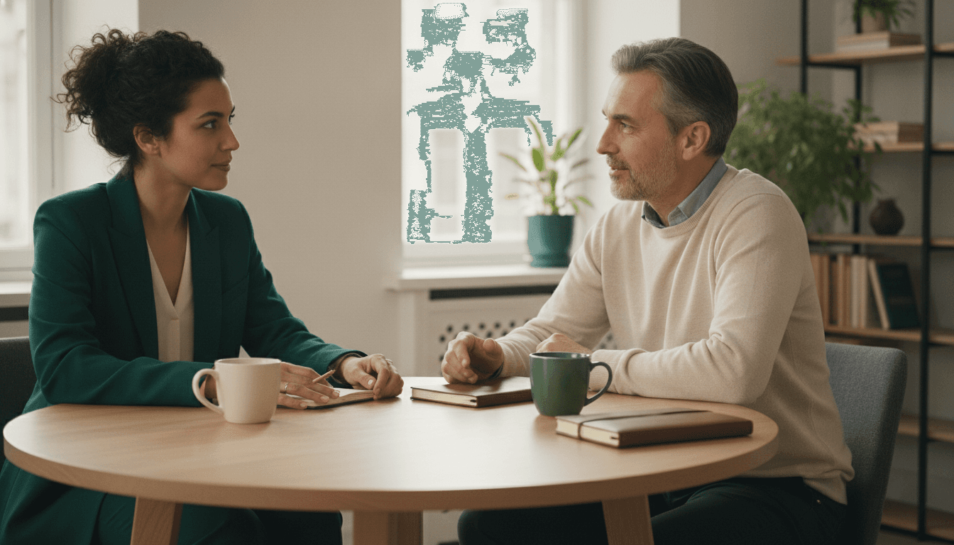 Two professionals having an attentive discovery conversation across a round table
