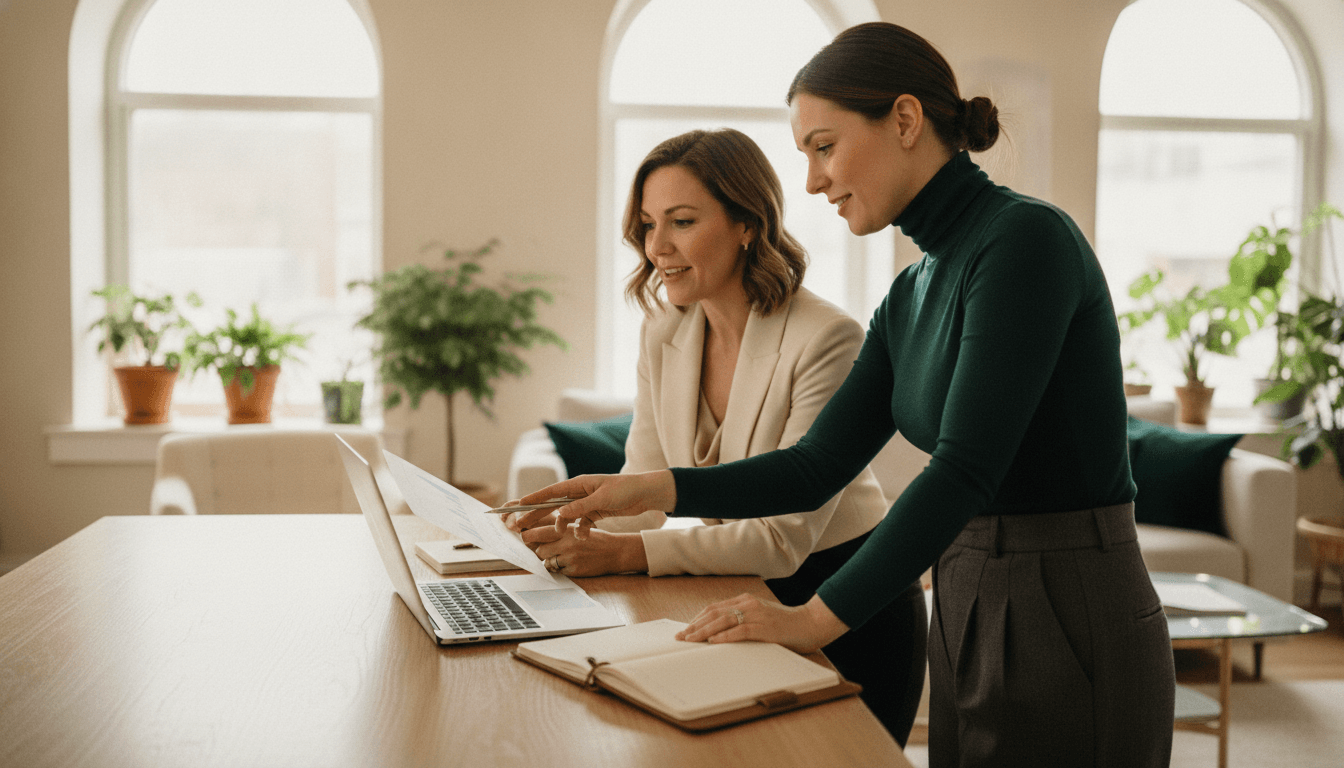 Two women—a founder and executive assistant—reviewing a plan together at a sunlit office table