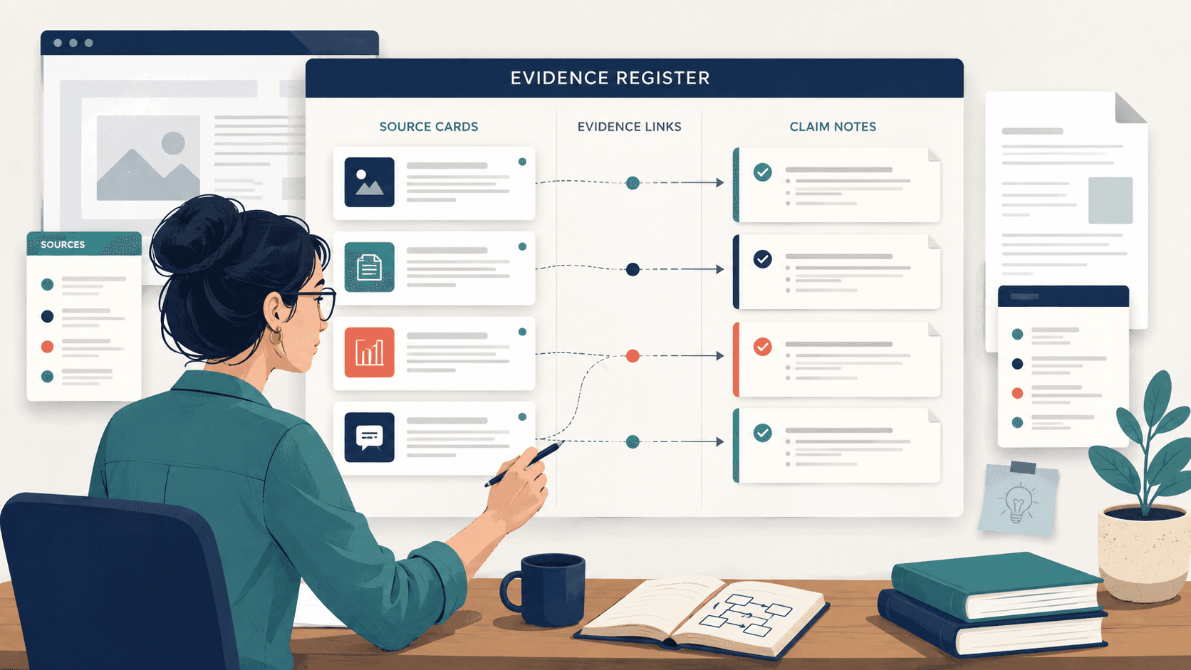 Researcher connecting source cards to claim notes in an evidence register