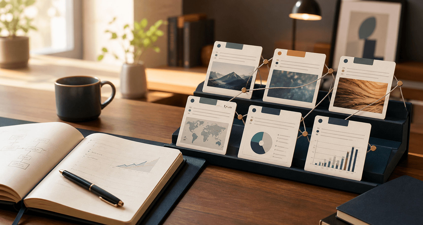 A research desk with linked evidence cards and a clearly marked editorial decision log