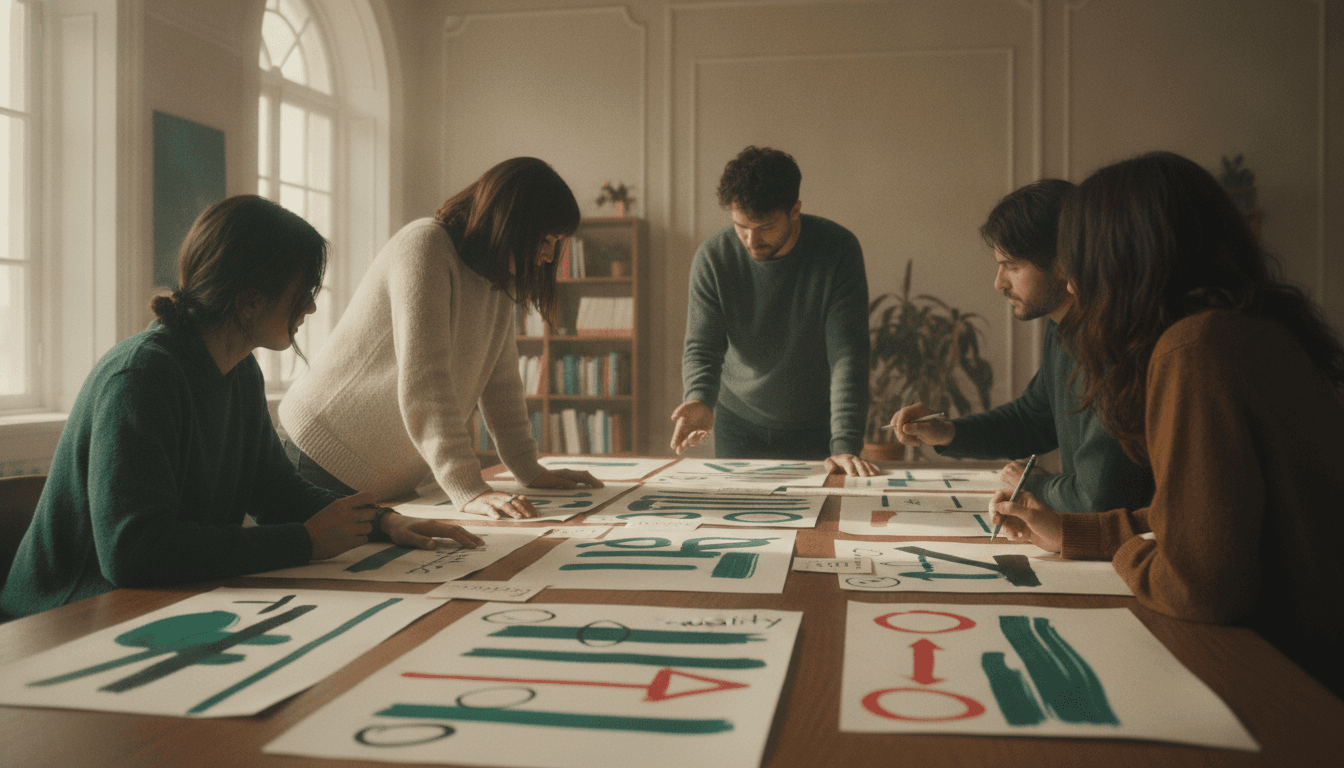 Editorial team reviewing marked revisions with quality and scope notes