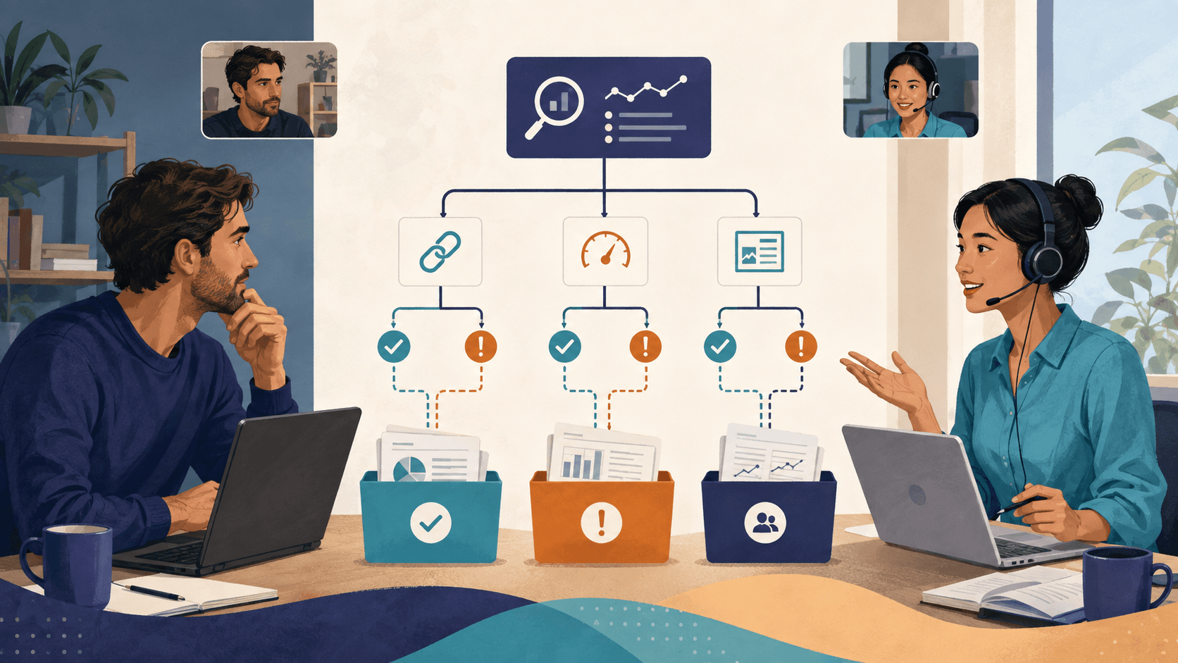 Founder and assistant reviewing a branching SEO evidence decision map