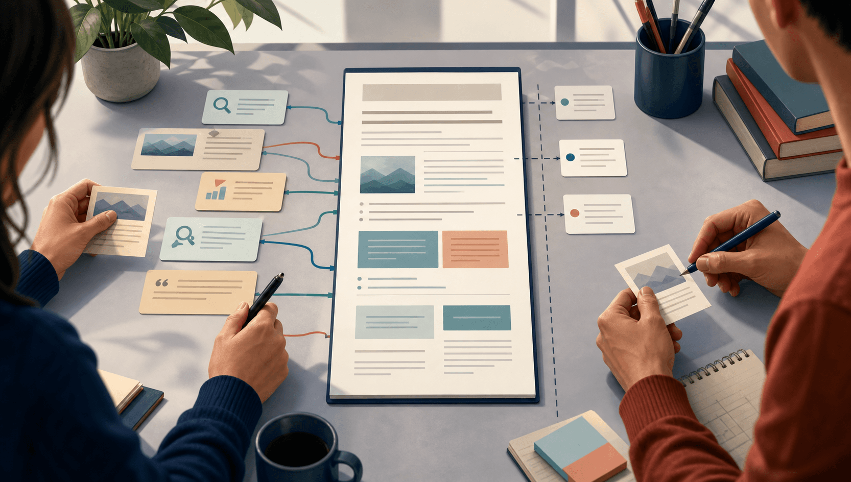 A structured SEO research handoff connecting source notes to an article draft