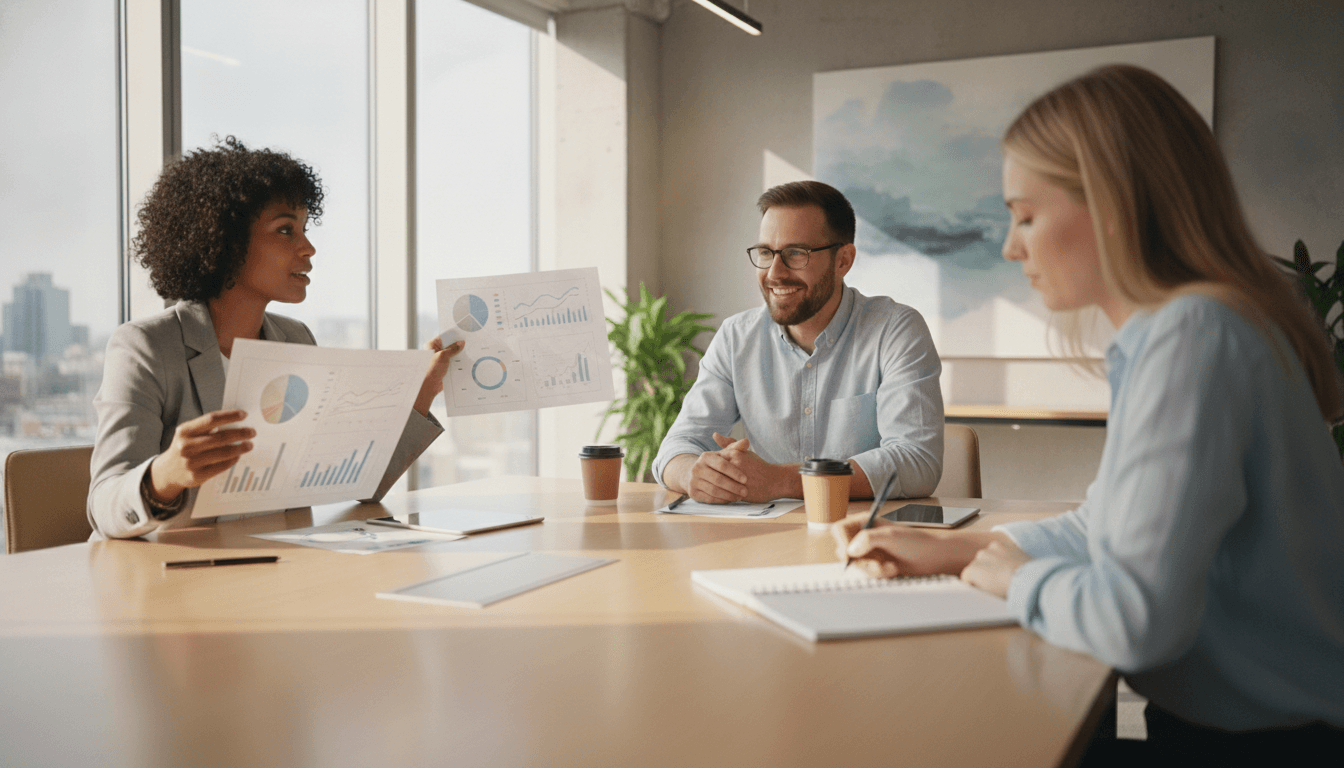 Three business researchers discussing charts and findings around a sunlit conference table