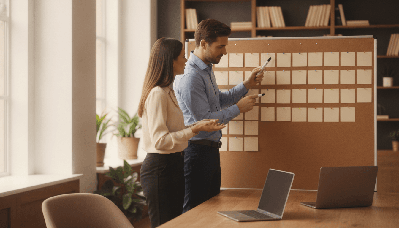 A founder and executive assistant organizing a workflow together at a planning board