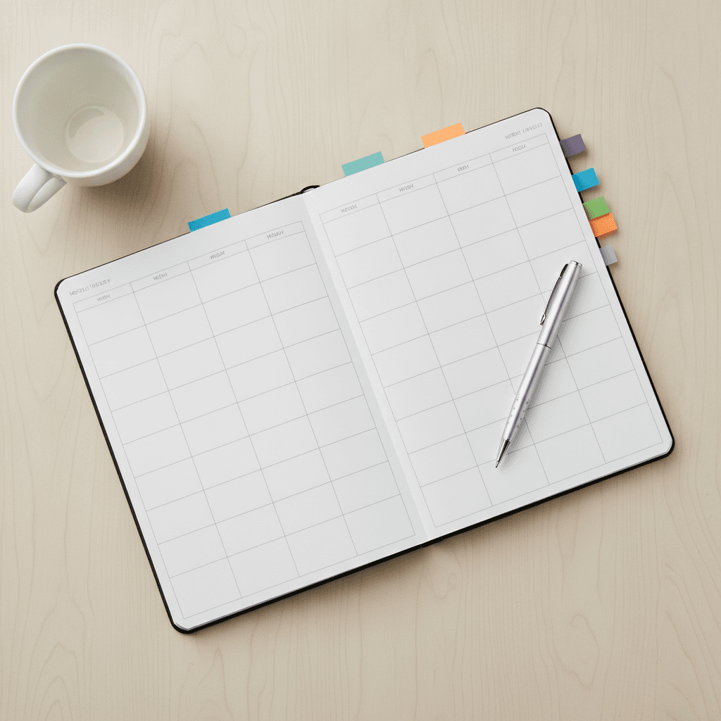 A weekly desk planner open flat on a light wood desk with a pen resting on the right page.