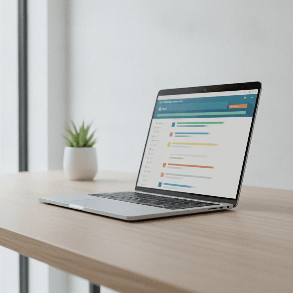 A laptop showing an organized email inbox with folder structure on a clean minimal desk.