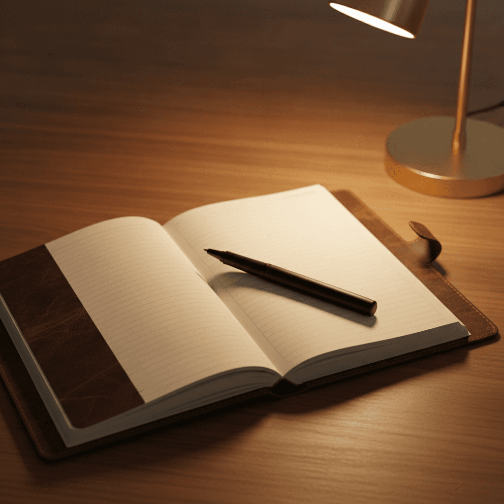 A leather-bound daily planner open on a walnut desk with a premium pen resting across the pages.