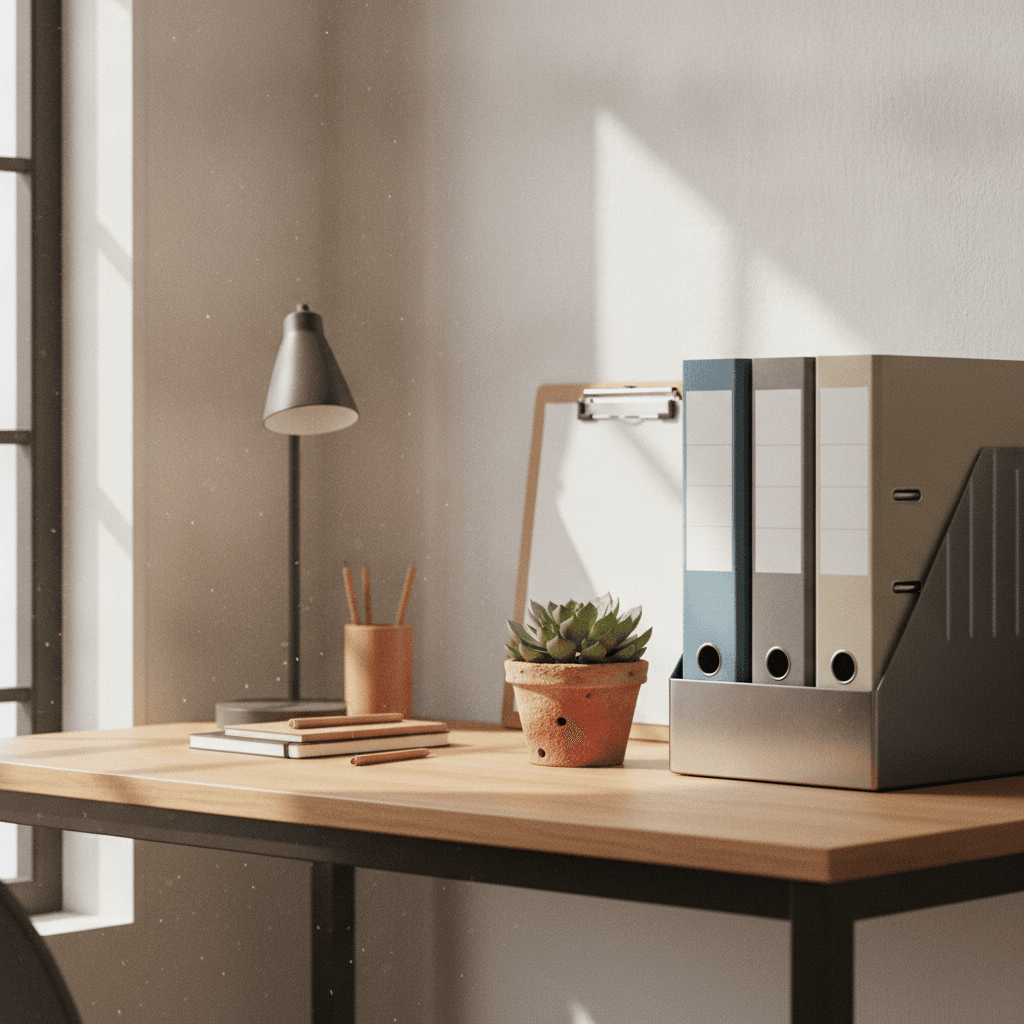 An organized desk corner with labeled binders in a vertical holder and a clipboard with blank paper.