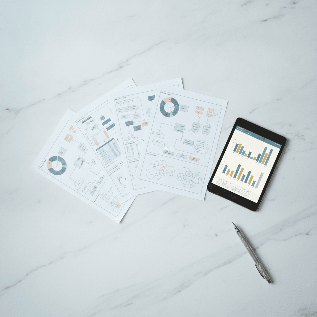 Printed documents fanned on a clean marble desk beside a tablet showing abstract bar charts.