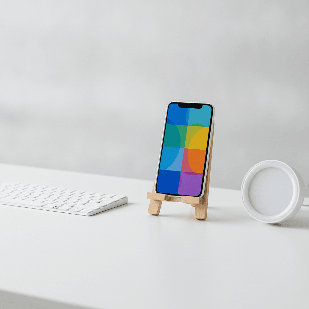 A smartphone on a small stand showing a social media grid layout on a clean white desk.