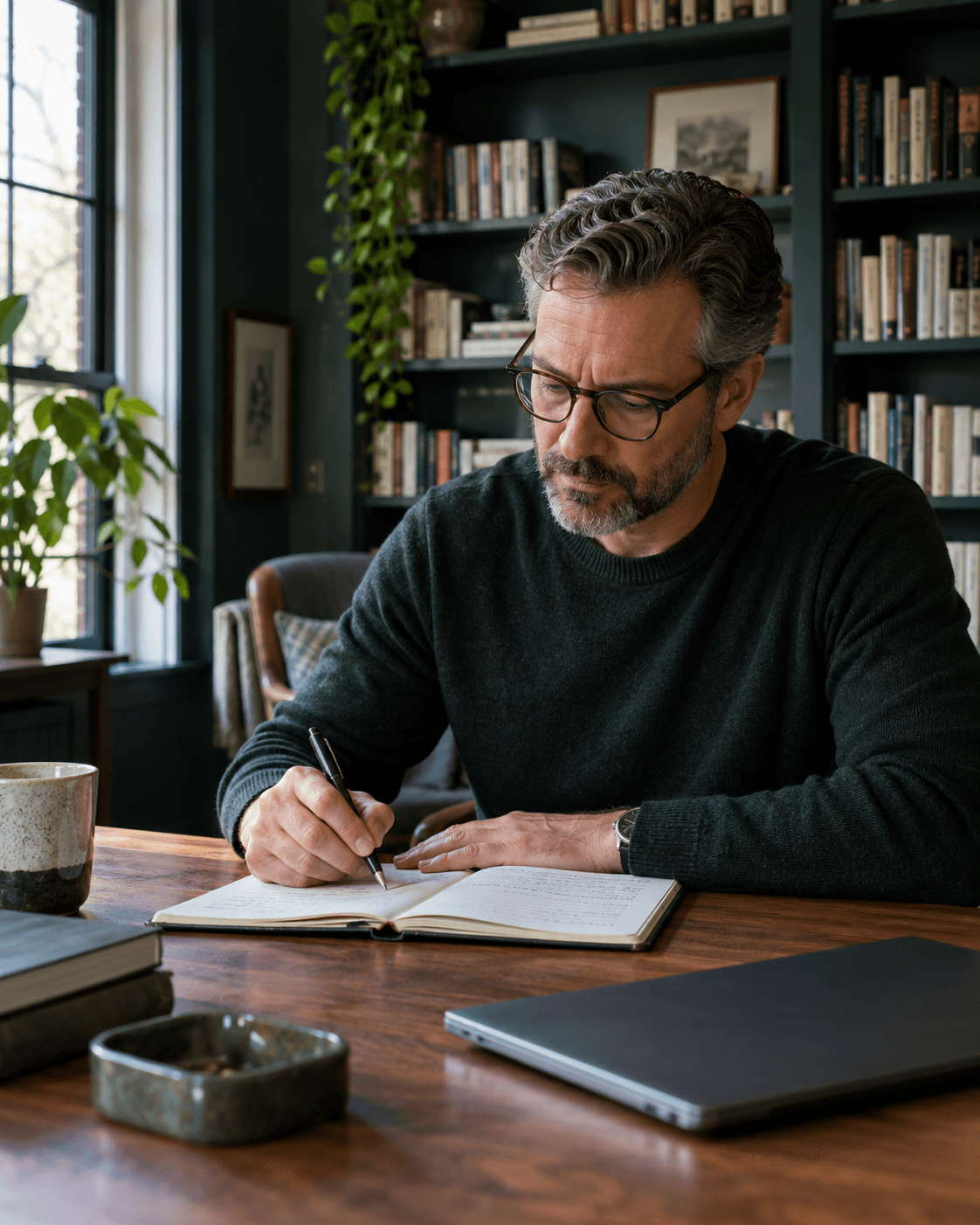 A founder writing practical delegation notes beside a laptop in a quiet library