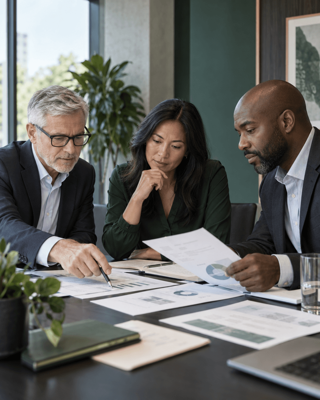 Three business researchers discussing charts and findings around a sunlit conference table
