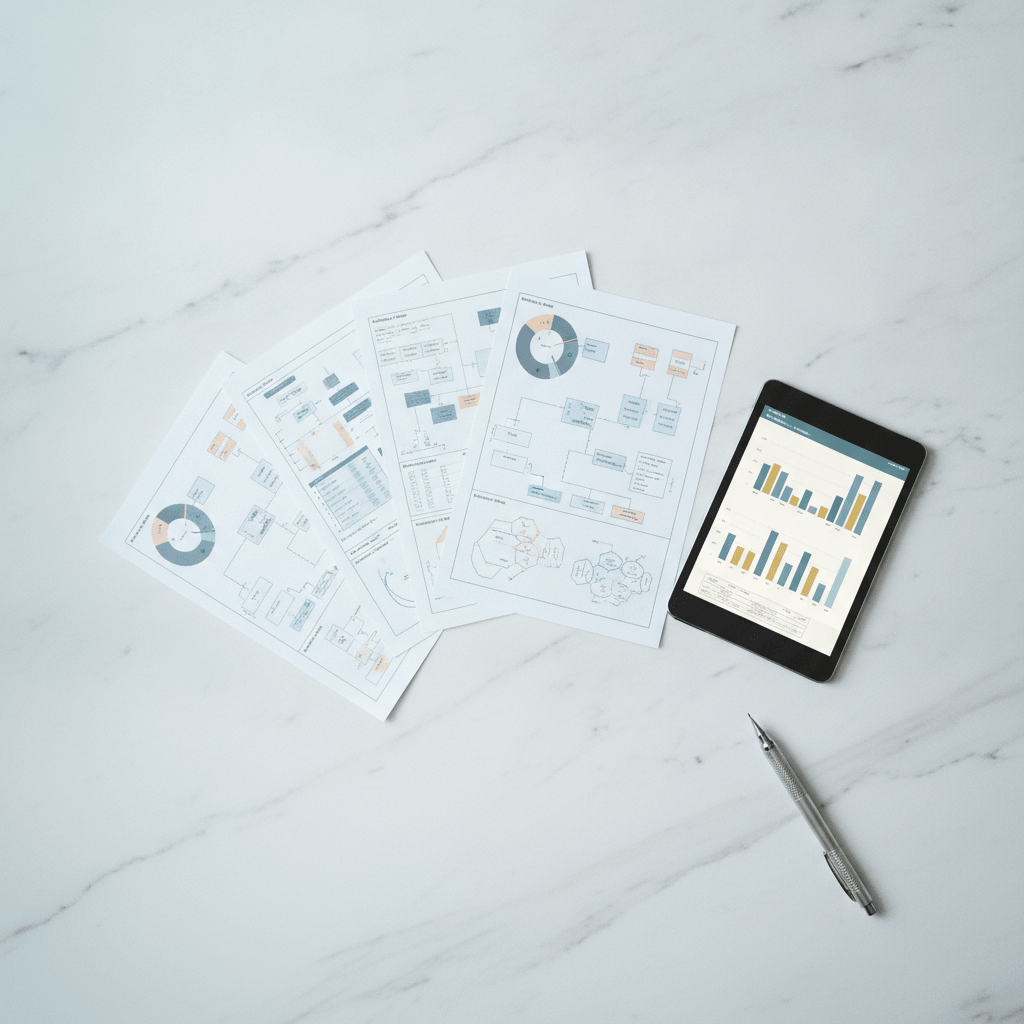 Business research documents and charts prepared for review