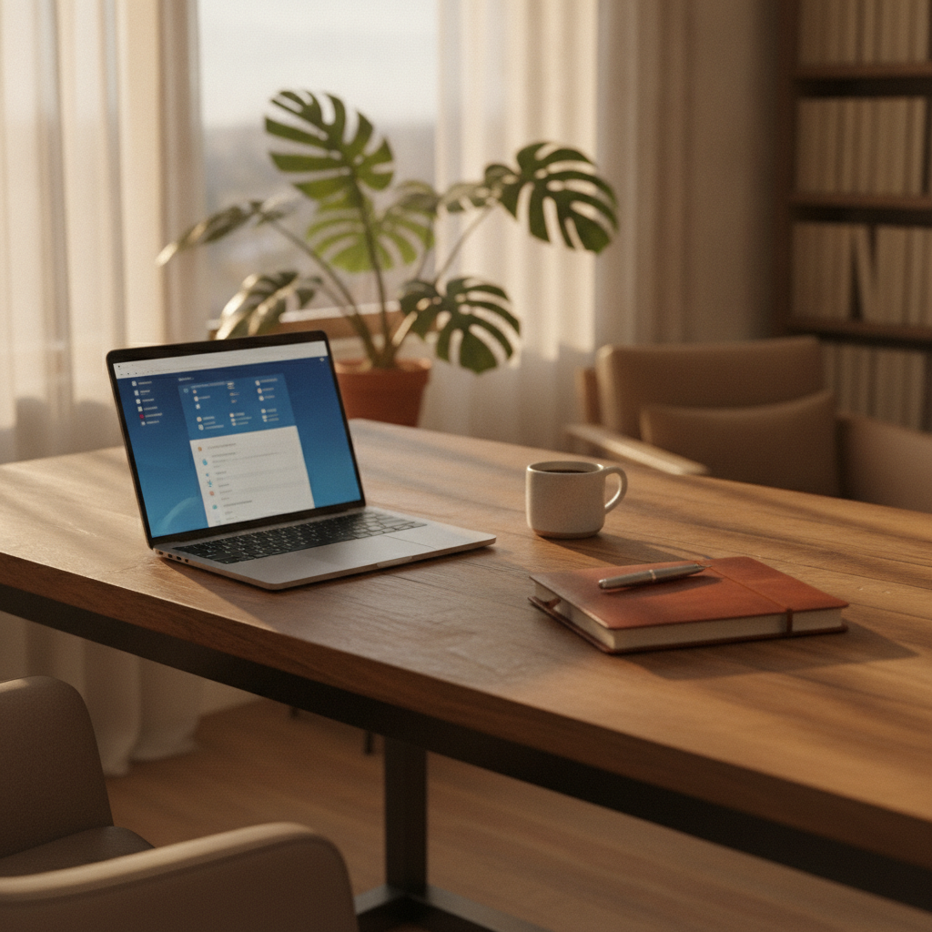 A sunlit home office desk with organized materials suggesting a founder ready to delegate.